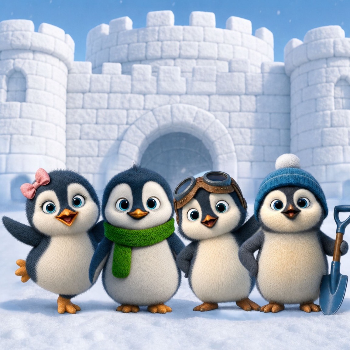 Penny, Pip, Pedro, and Pete in front of a snowy castle